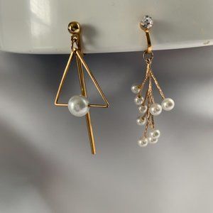 Gold-like asymmetrical Perl Clip On Earrings